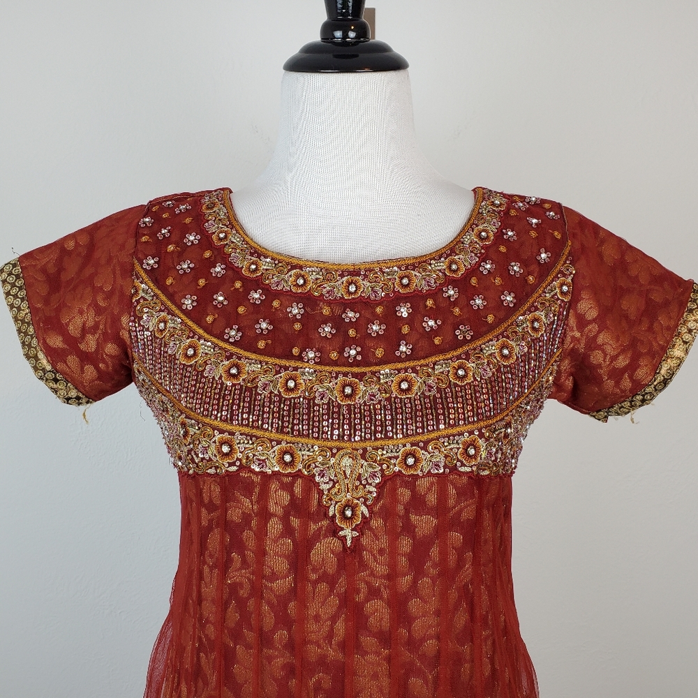 Traditional Indian Dress Pakistani Beaded Floral Embellished Metallic Burnt Red - Picture 4 of 16